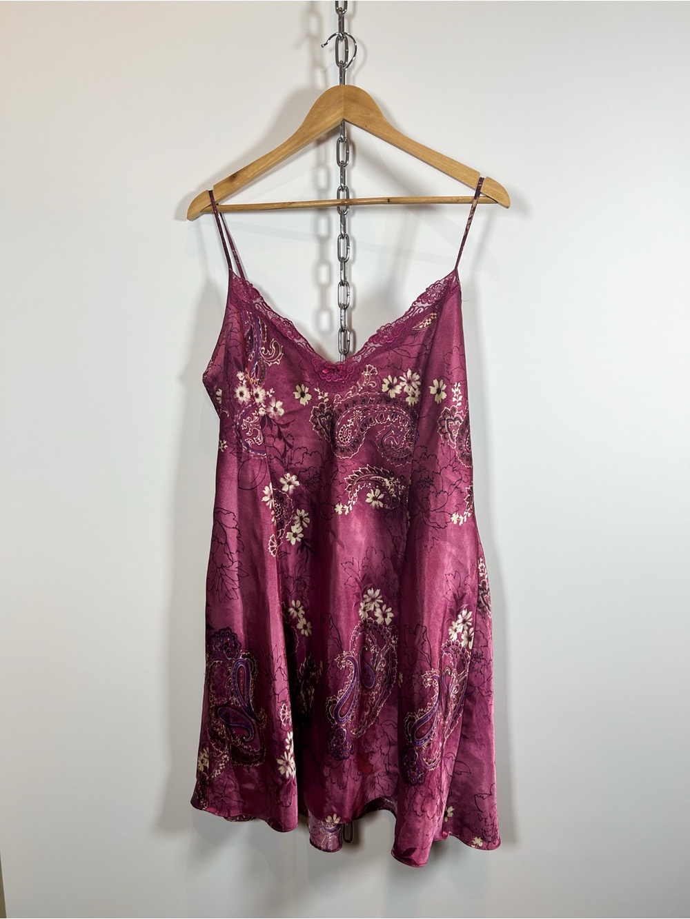 Vintage Delicates Satin Paisley/Floral Mauve Slip Dress Lace Trim